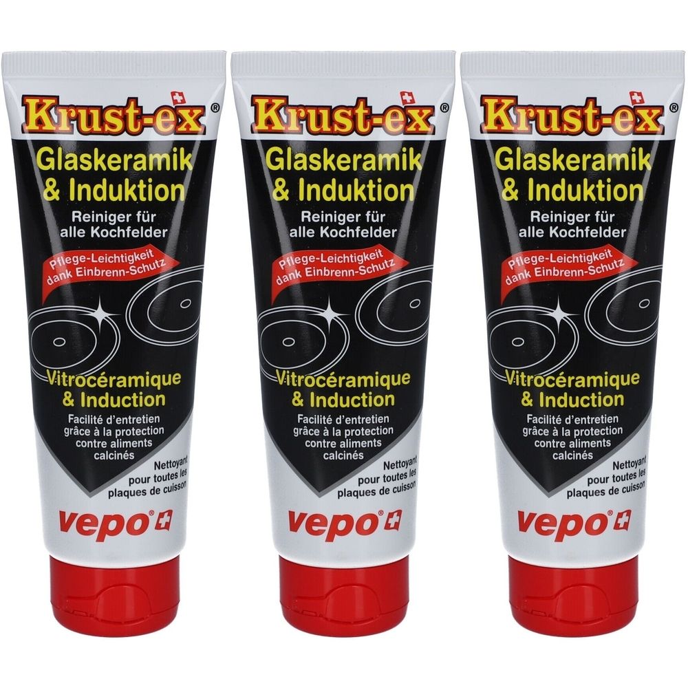 Trois tubes de nettoyant Krust-ex pour vitrocéramique et induction. Tubes blancs avec texte noir et bouchon rouge. Nom et fonctions du produit.