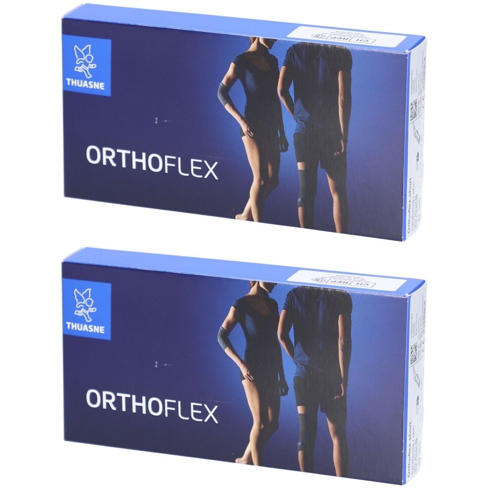 Zwei blaue Produktverpackungen. Aufschrift: THUASNE, ORTHOFLEX. Abbildung einer Person mit Handgelenkbandage und Kniebandage.
