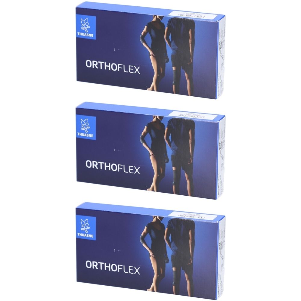 Trois boîtes bleues. Inscription ORTHOFLEX. Logo et texte THUASNE. Illustration d'une personne.