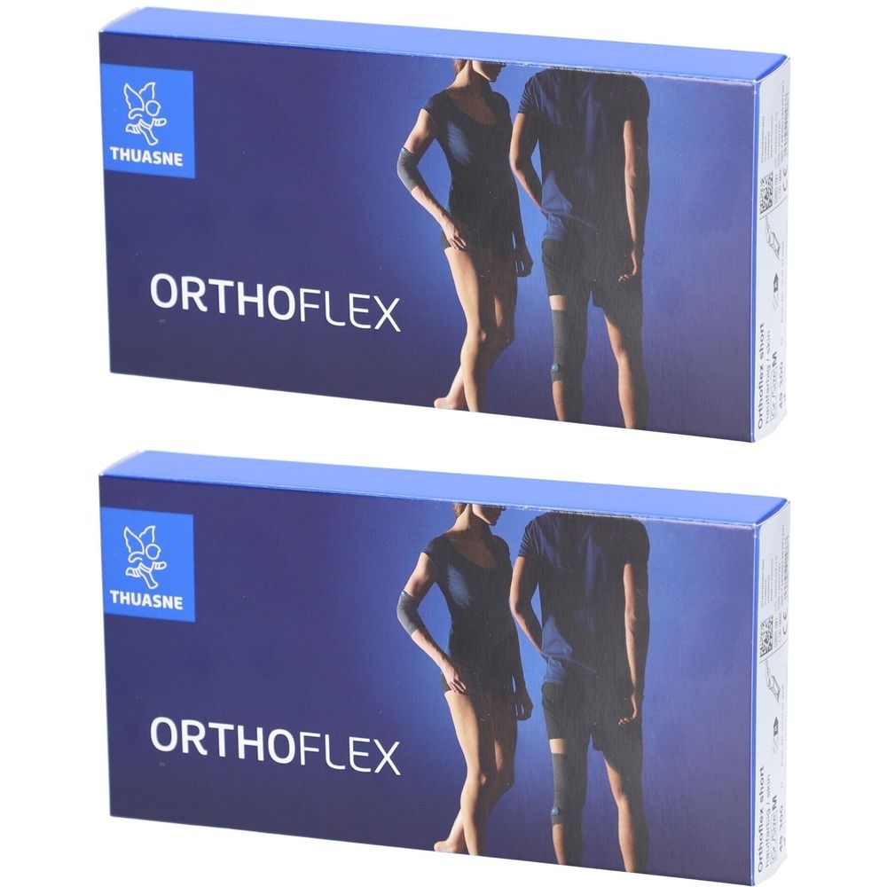 Deux boîtes bleues. Inscription ORTHOFLEX. Marque THUASNE. Illustration d'une personne avec bandage au bras et à la jambe.