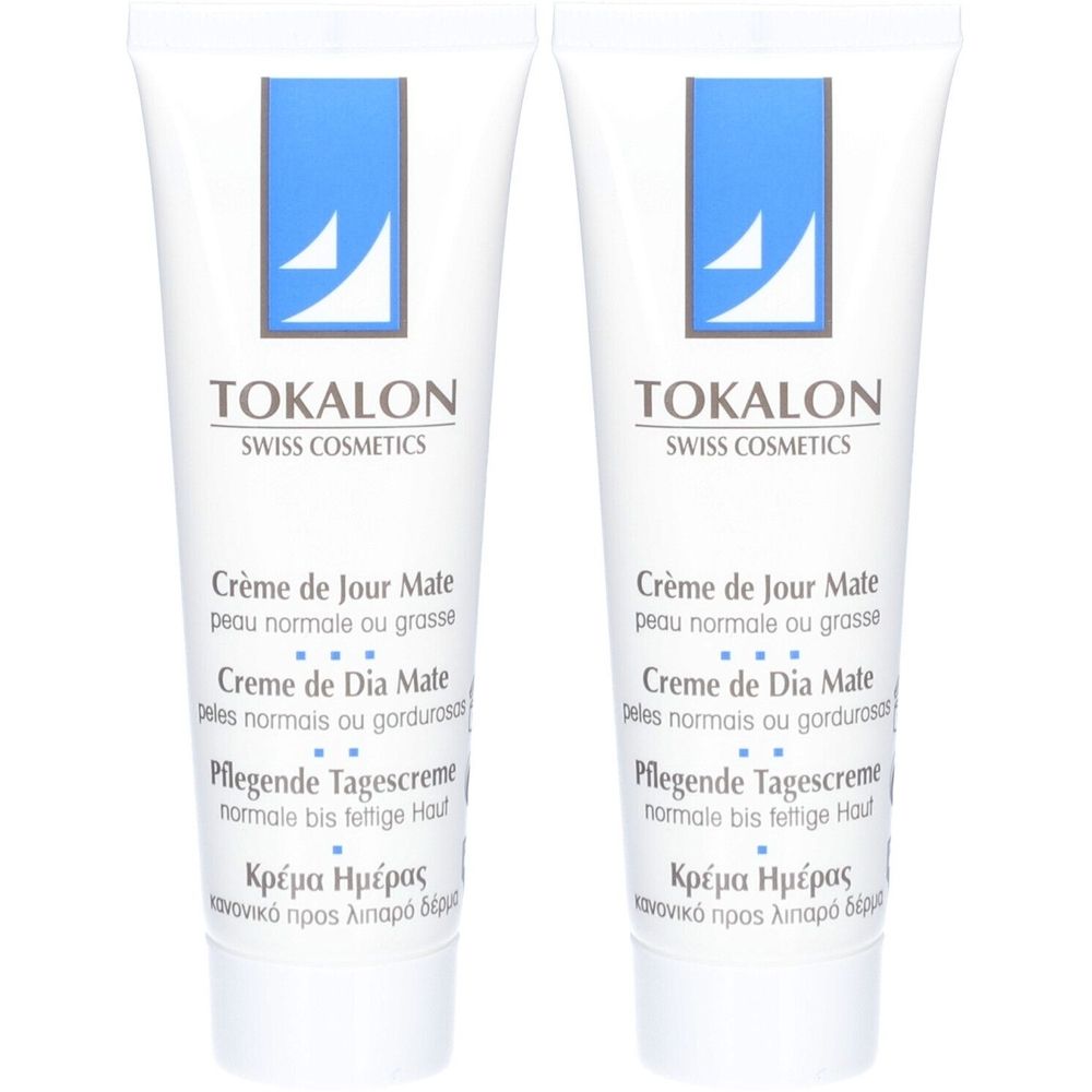 Deux tubes de crème de jour TOKALON. Tubes blancs avec logo bleu et texte. Désignations multilingues du produit.