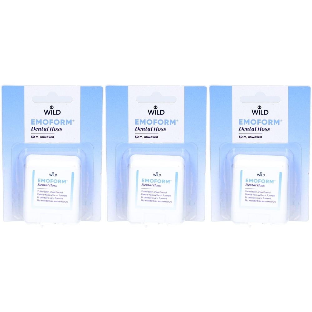 Drei Packungen EMOFORM® Zahnfaden, ungewachst. Weiße Kunststoffboxen mit blauer Verpackung. Aufdruck: EMOFORM, Dental floss.
