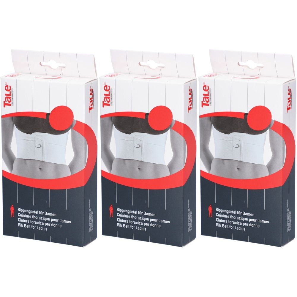 Trois boîtes de produit. Sur chaque boîte, une ceinture thoracique blanche est représentée. Texte : TaLe, Ceinture thoracique pour dames.