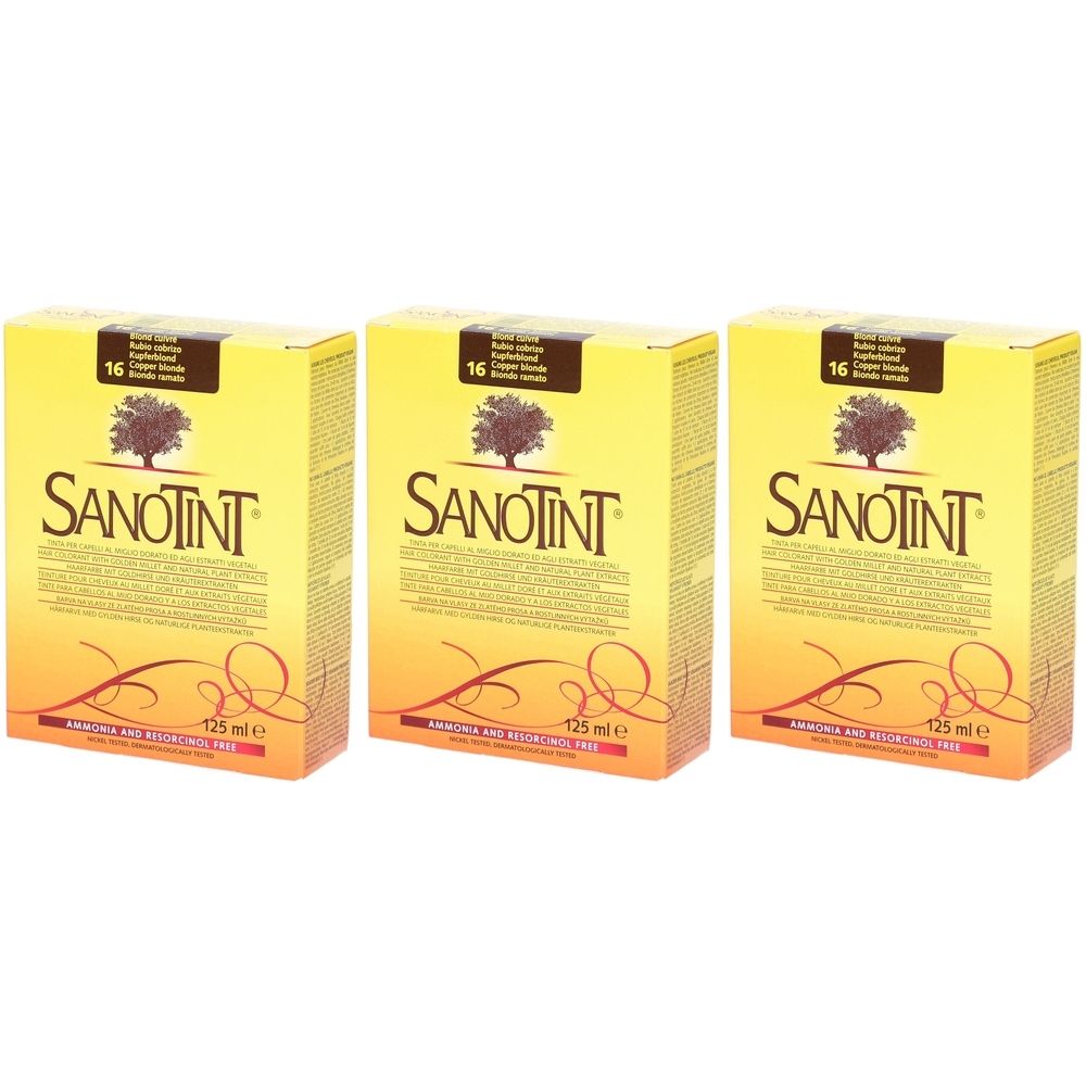 Trois boîtes de SANOTINT Haarfarbe 16 kupferblond. Emballage jaune avec logo et informations produit. 125 ml.