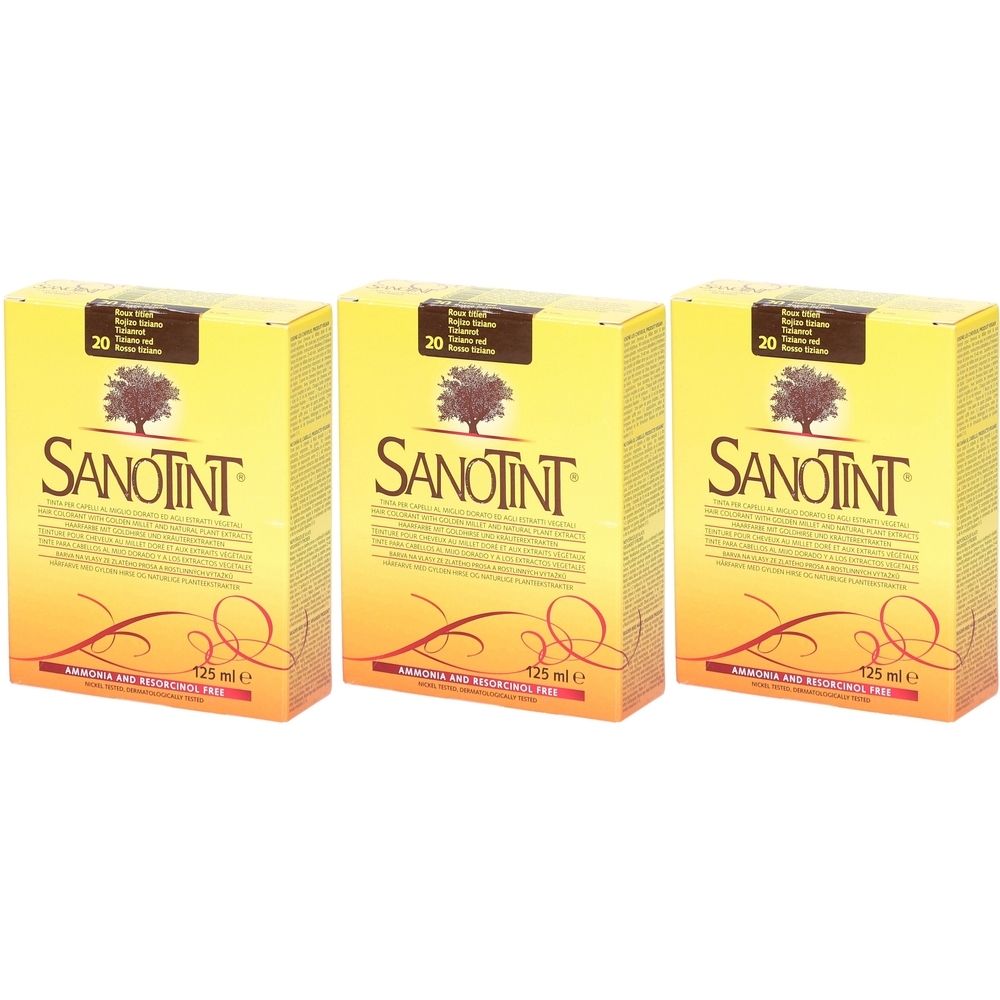 Trois boîtes de SANOTINT coloration capillaire. Emballage jaune-orange avec logo arbre. Texte: SANOTINT, 20, 125 ml, sans ammoniaque et résorcine.