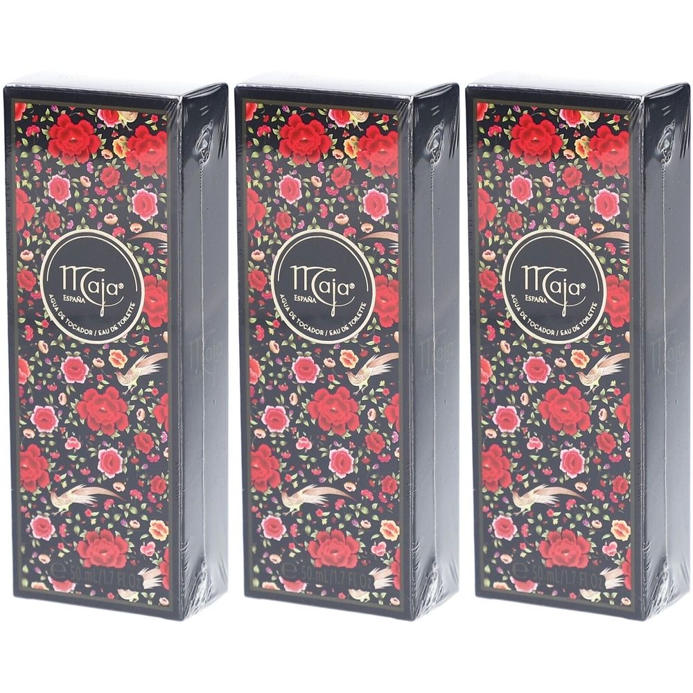 Drei rechteckige Schachteln mit floralem Muster und dem Logo „Maja“. Aufschrift: „Agua de Tocador / Eau de Toilette“.