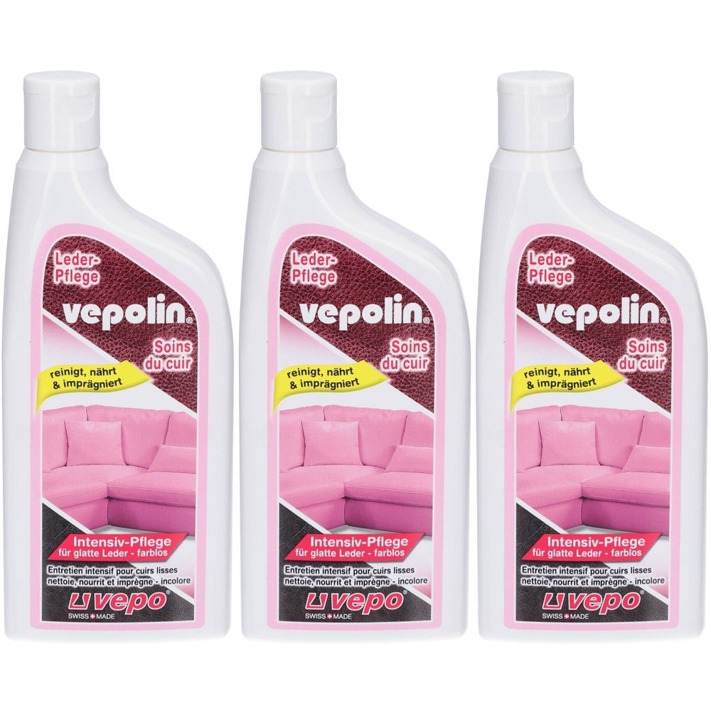 Drei Flaschen Vepolin Lederpflege. Weiße Flaschen mit rosa Etikett. Text: Leder-Pflege, reinigt, nährt & imprägniert. Abbildung eines pinkfarbenen Sofas.