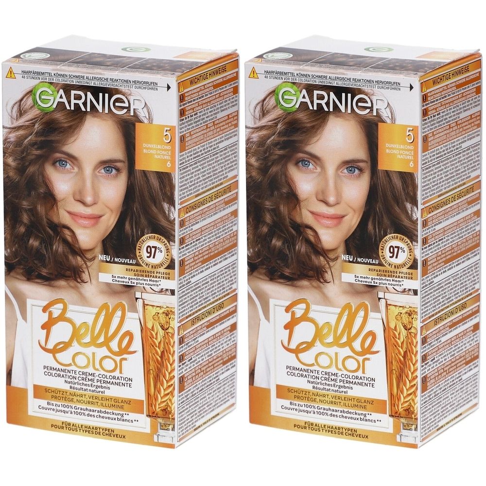 Deux boîtes Garnier Belle Color, teinte 5 Blond foncé. Inscription : Belle Color, Garnier, 97% de couverture des cheveux gris.
