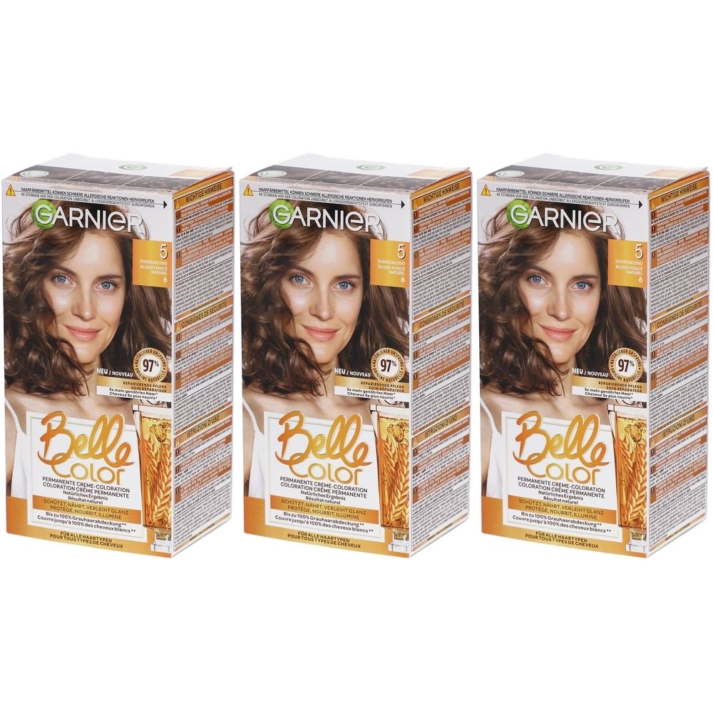 Trois boîtes de coloration Garnier Belle Color. Chaque boîte présente une femme. Inscription : N°5 Blond foncé.