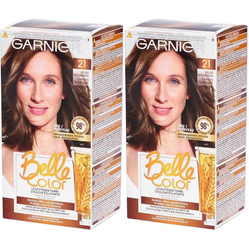 Deux boîtes de coloration Garnier Belle Color. Une femme est représentée sur l'emballage. Le nom du produit et le numéro de couleur sont visibles.