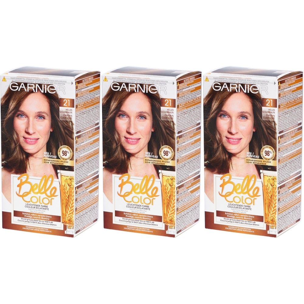 Trois boîtes de coloration capillaire. Chaque boîte présente une femme. Marque : GARNIER Belle Color, nuance 21.