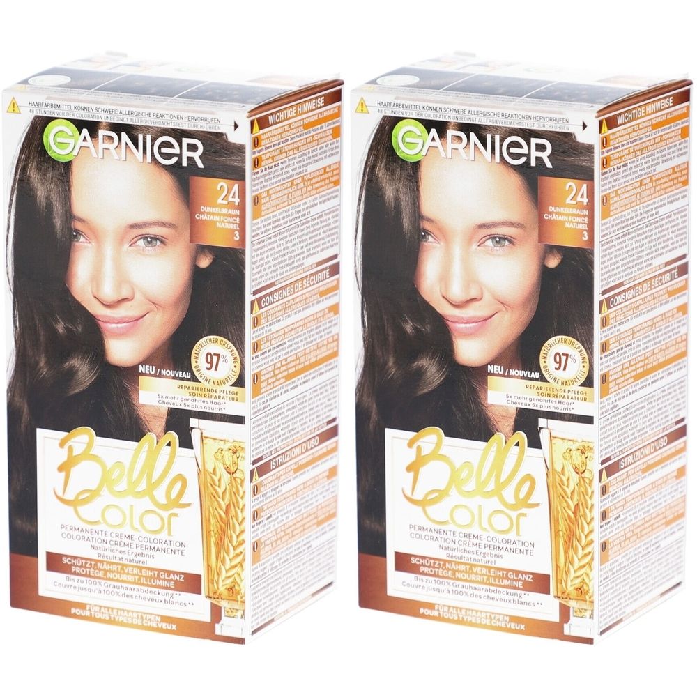 Deux boîtes de Garnier Belle Color Creme-Haarfarbe Dunkelbraun 24. Chaque boîte présente un portrait de femme.