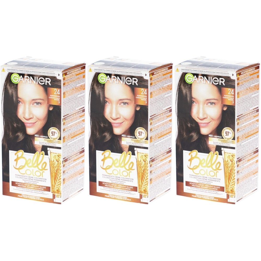 Trois boîtes de Garnier Belle Color. Chaque boîte présente un portrait de femme. Inscriptions: 24, Belle Color.
