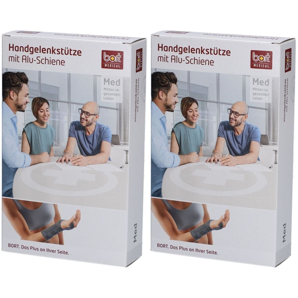 Deux boîtes de produit. Inscription: Support de poignet avec attelle en aluminium. Marque: bort MEDICAL. Illustration d'une attelle de poignet.