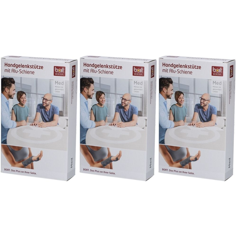 Trois boîtes de produit. Inscription : Support de poignet avec attelle en aluminium. Marque : bort medical. Illustration : personne avec support de poignet.