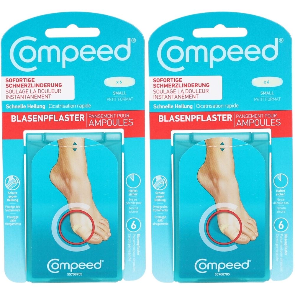 Deux paquets de Compeed Blasenpflaster. Emballage bleu avec nom du produit et illustration de pied. Contient 6 pansements.