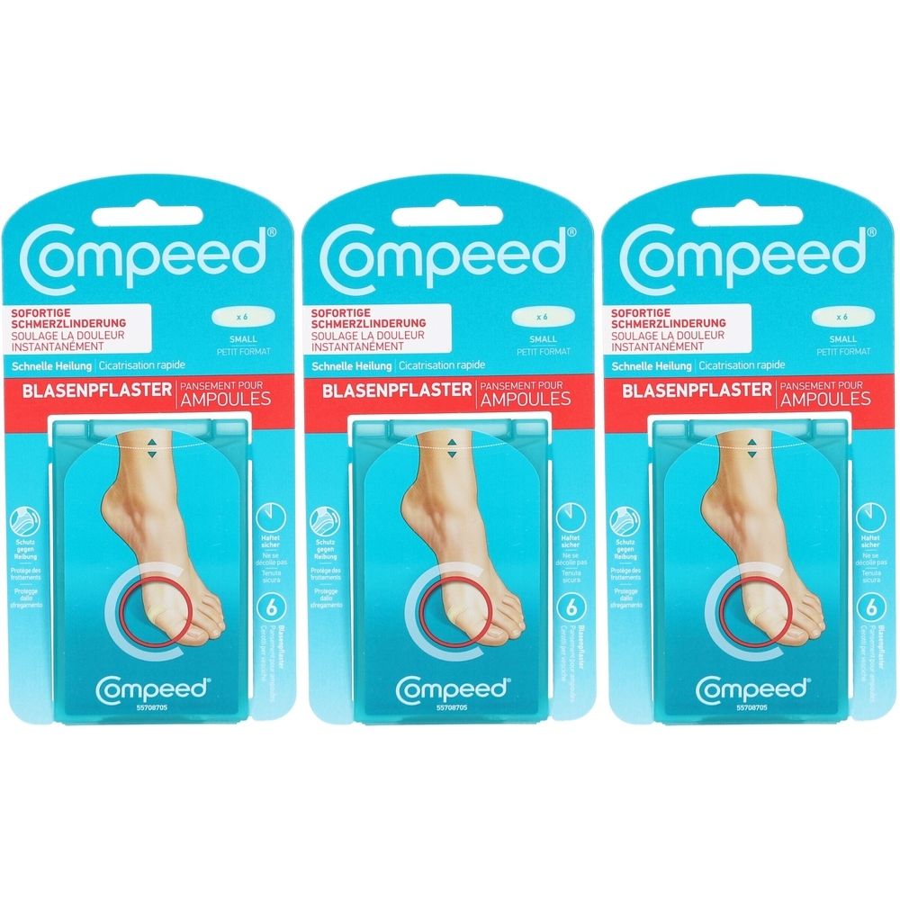 Trois emballages de pansements pour ampoules. Chaque emballage montre un pied et le mot Compeed. Contient 6 ampoules.