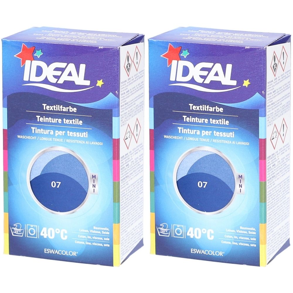 Deux boîtes de teinture textile IDEAL. Inscription : Teinture textile, 07, 40°C. Couleur bleue. Format mini.