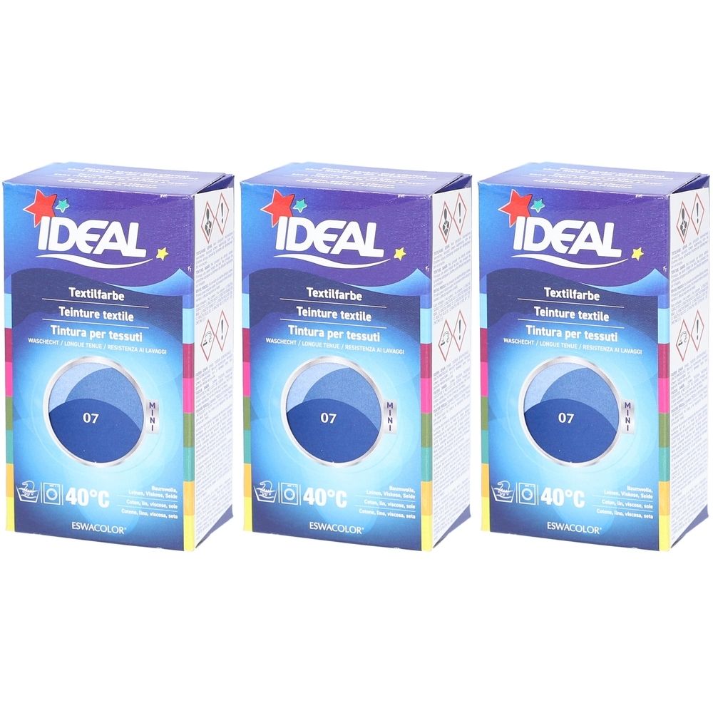 Trois boîtes de teinture textile. Chaque boîte porte la marque "IDEAL" et le numéro "07". Indication de température : 40°C.
