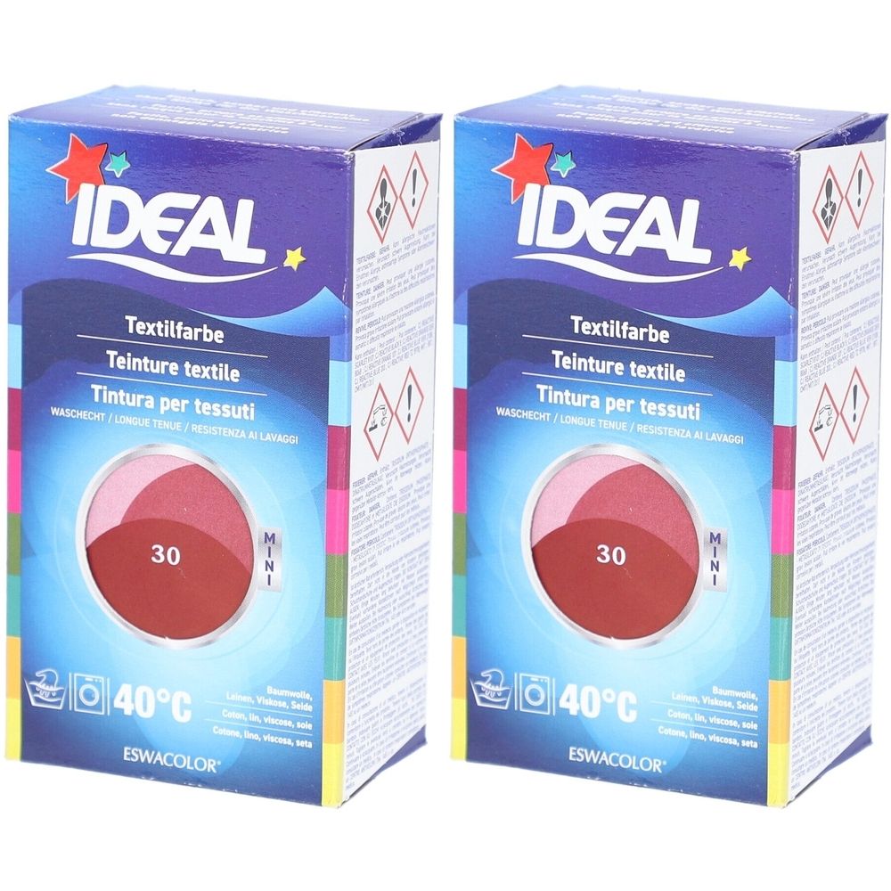 Deux boîtes de teinture textile Ideal. Inscriptions : Ideal, Teinture textile, 30, 40°C. Dégradé de couleurs rouge et rose. Mini-paquet.