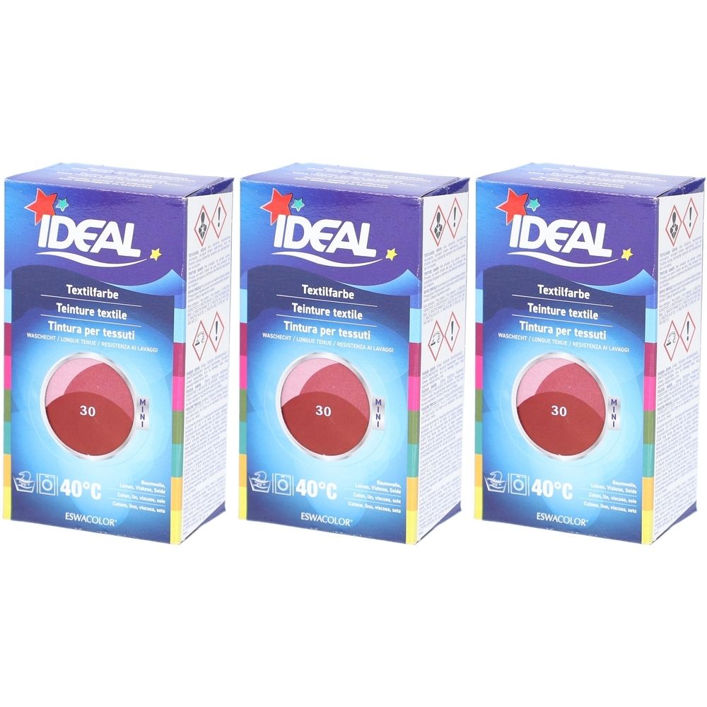 Trois boîtes de teinture textile. Inscription : IDEAL, Textilfarbe, 30, 40°C. Cercle de couleur rouge. Emballage bleu, blanc et rouge.