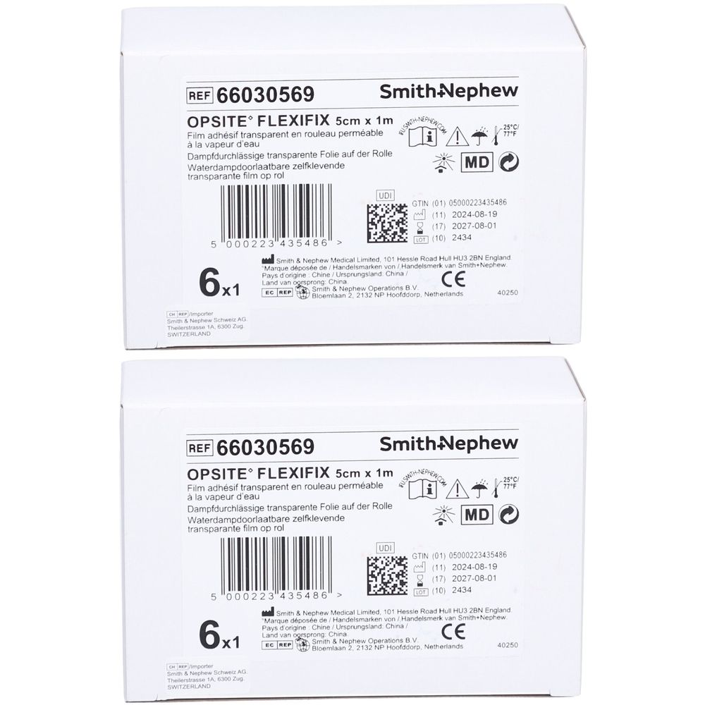 Deux boîtes blanches avec informations produit. Inscription: OPSITE FLEXIFIX 5cm x 1m, Smith+Nephew. 6x1.