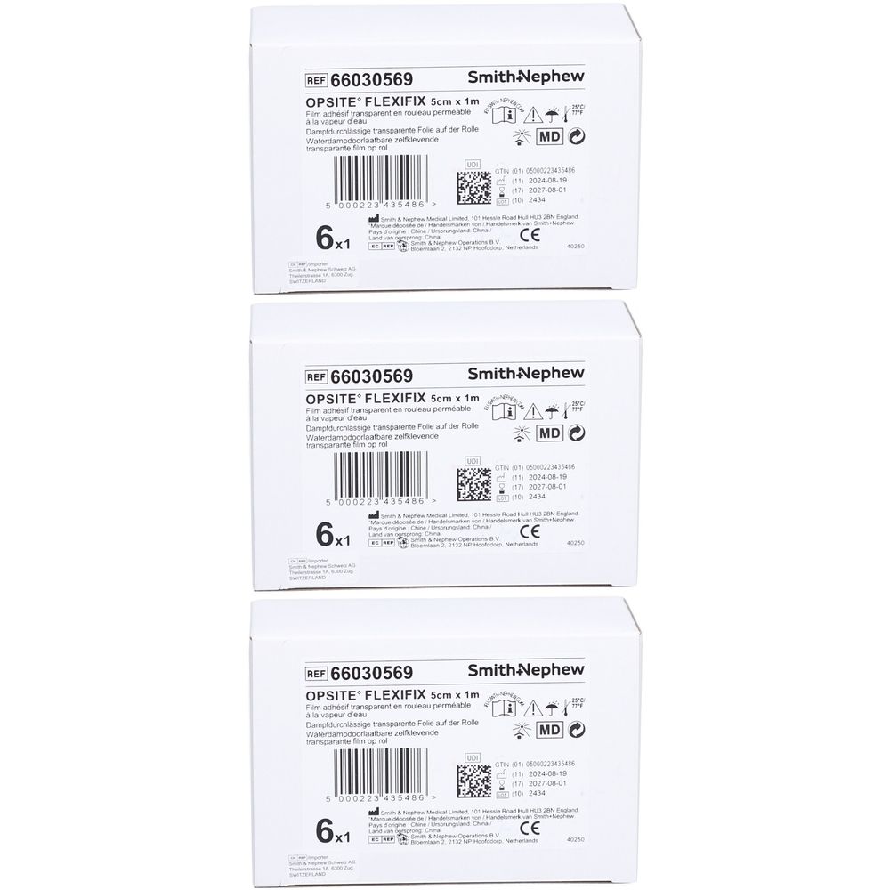 Trois boîtes blanches avec informations produit. Inscription: OPSITE FLEXIFIX, Smith & Nephew, 6x1, marquage CE.