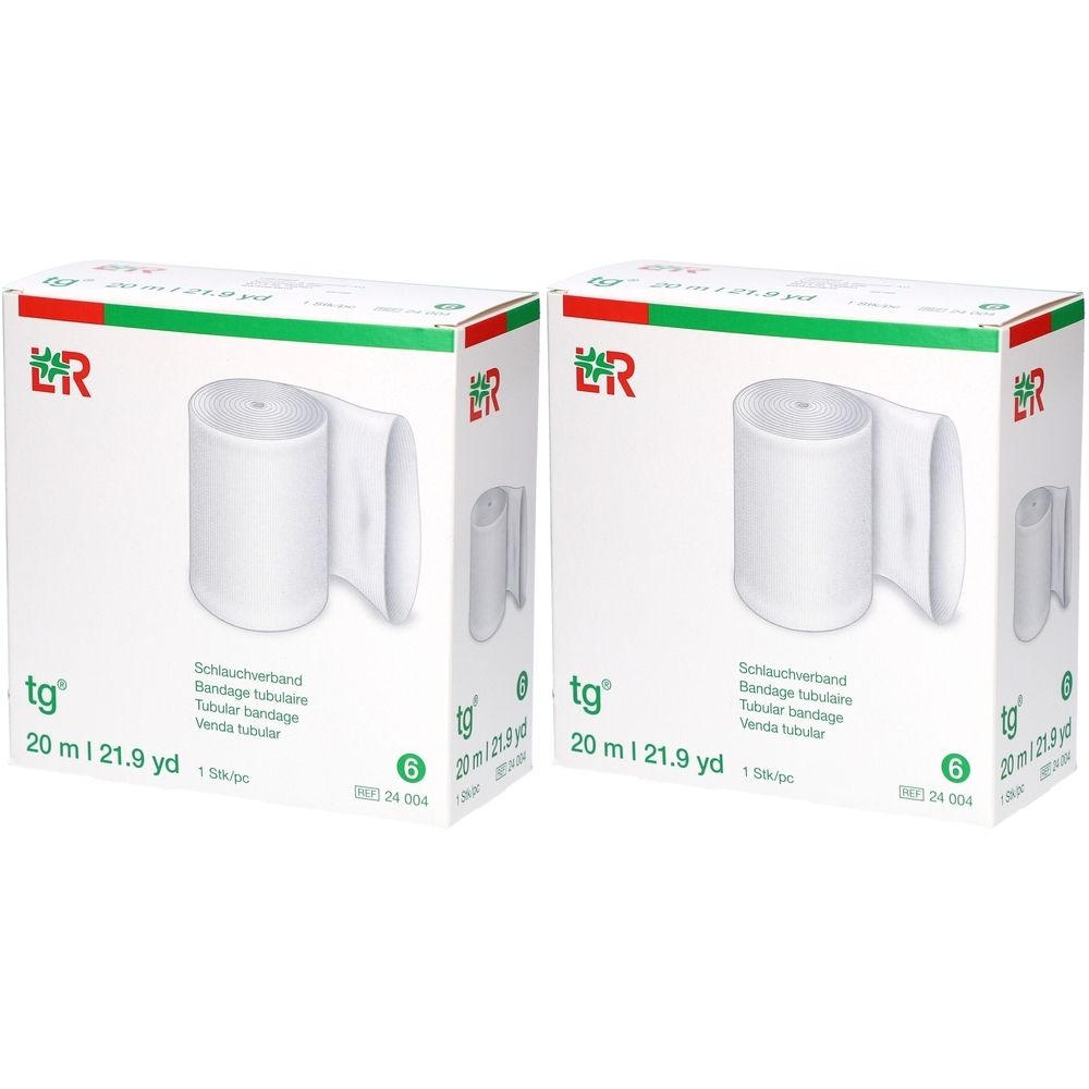 Deux boîtes de bandage tubulaire blanc. Inscriptions : L&R, tg, 20 m, 6 pièces. Nom du produit et informations en plusieurs langues.