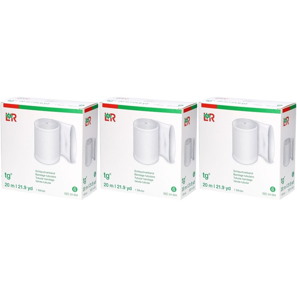 Trois boîtes de L&R tg Röhrenverband. Chaque boîte montre un bandage blanc. Texte : 20 m | 21.9 yd.