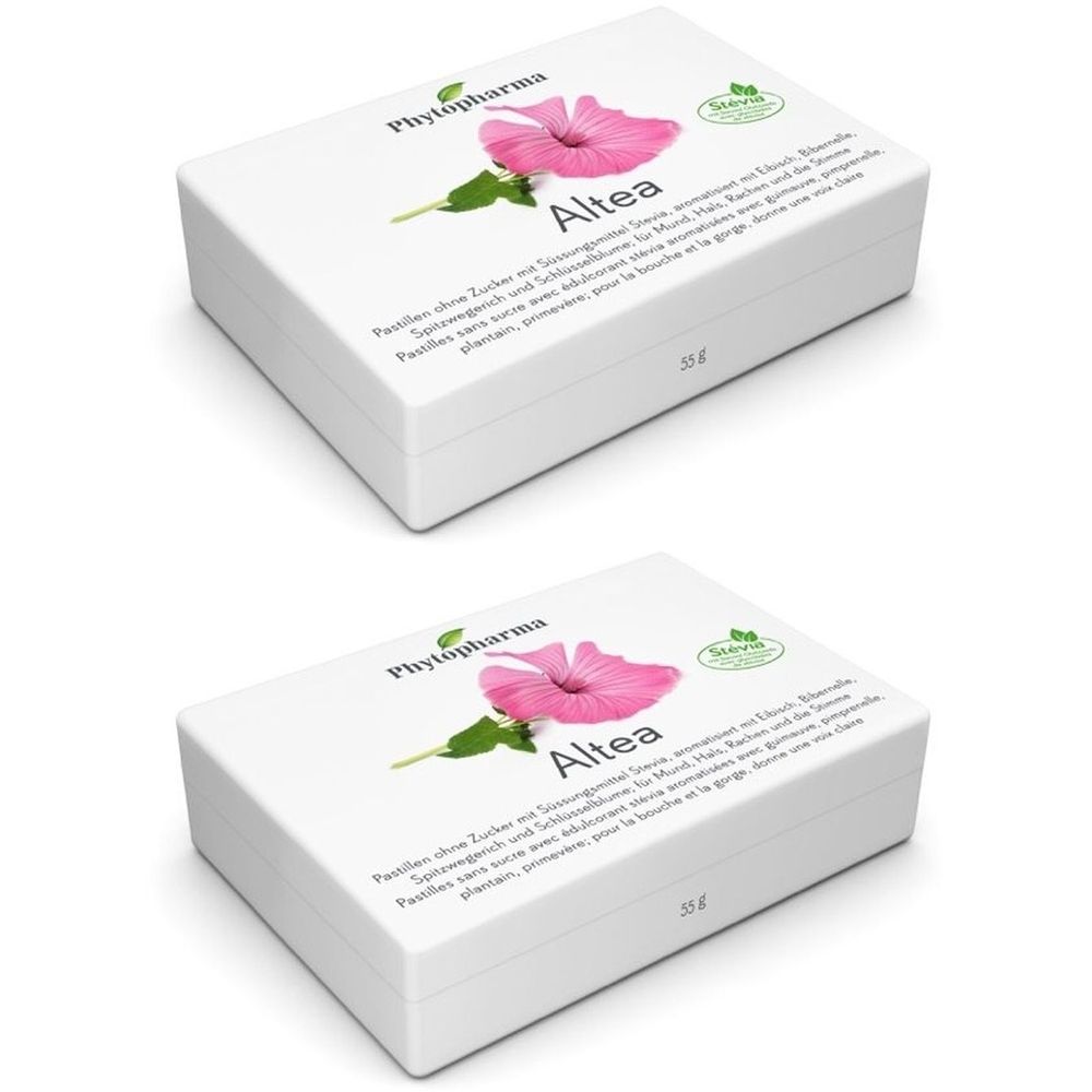 Deux boîtes blanches avec impression. Sur chaque boîte: marque Phytopharma, fleur rose, texte Altea et texte. Sceau Stevia.