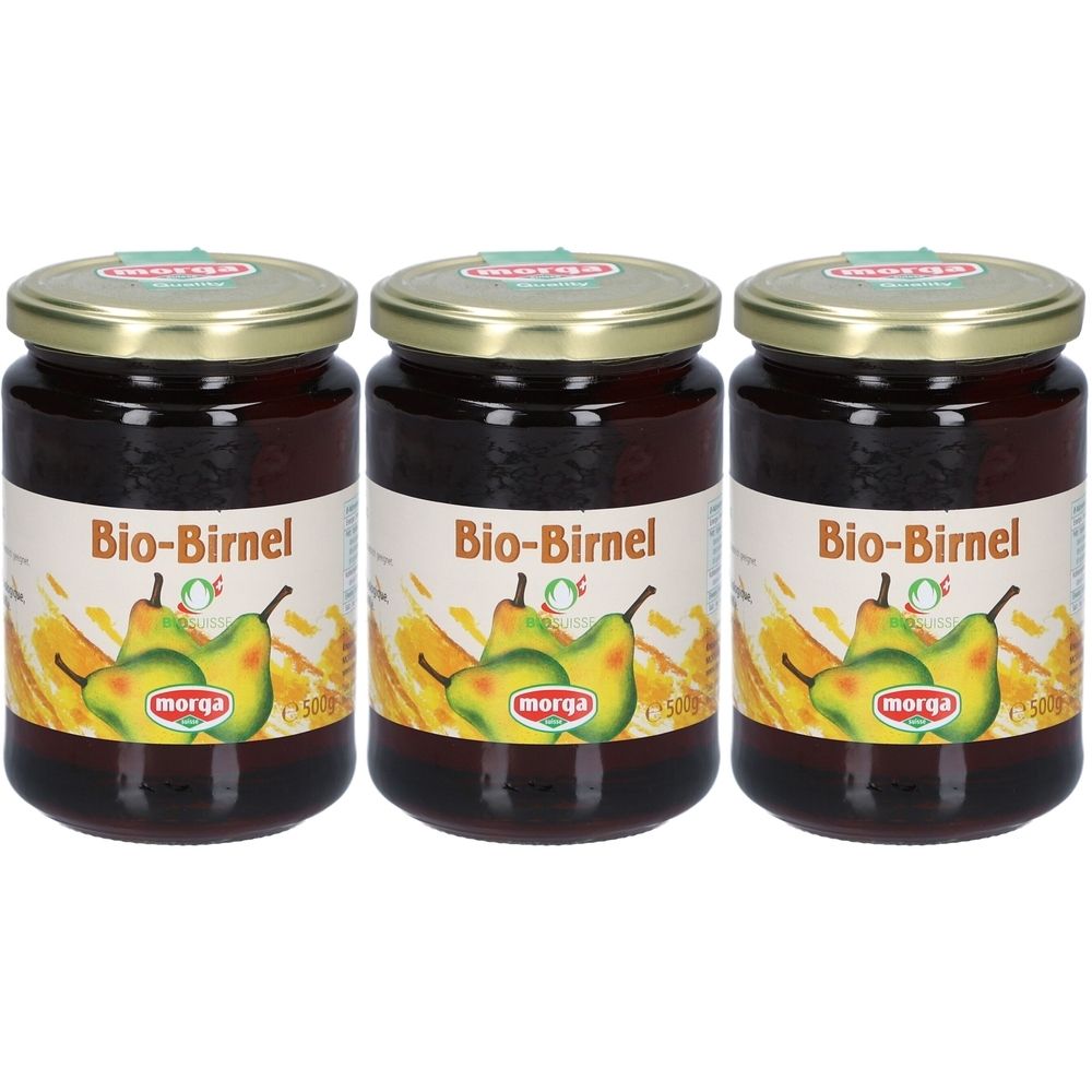 Trois pots de concentré de poires. Étiquette avec "Bio-Birnel" et logo "morga". Couvercle doré, contenu brun, illustration de poires jaunes.