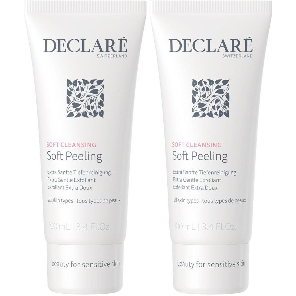 Deux tubes blancs DECLARÉ Soft Peeling. Inscriptions en allemand, anglais et français. Pour peaux sensibles.