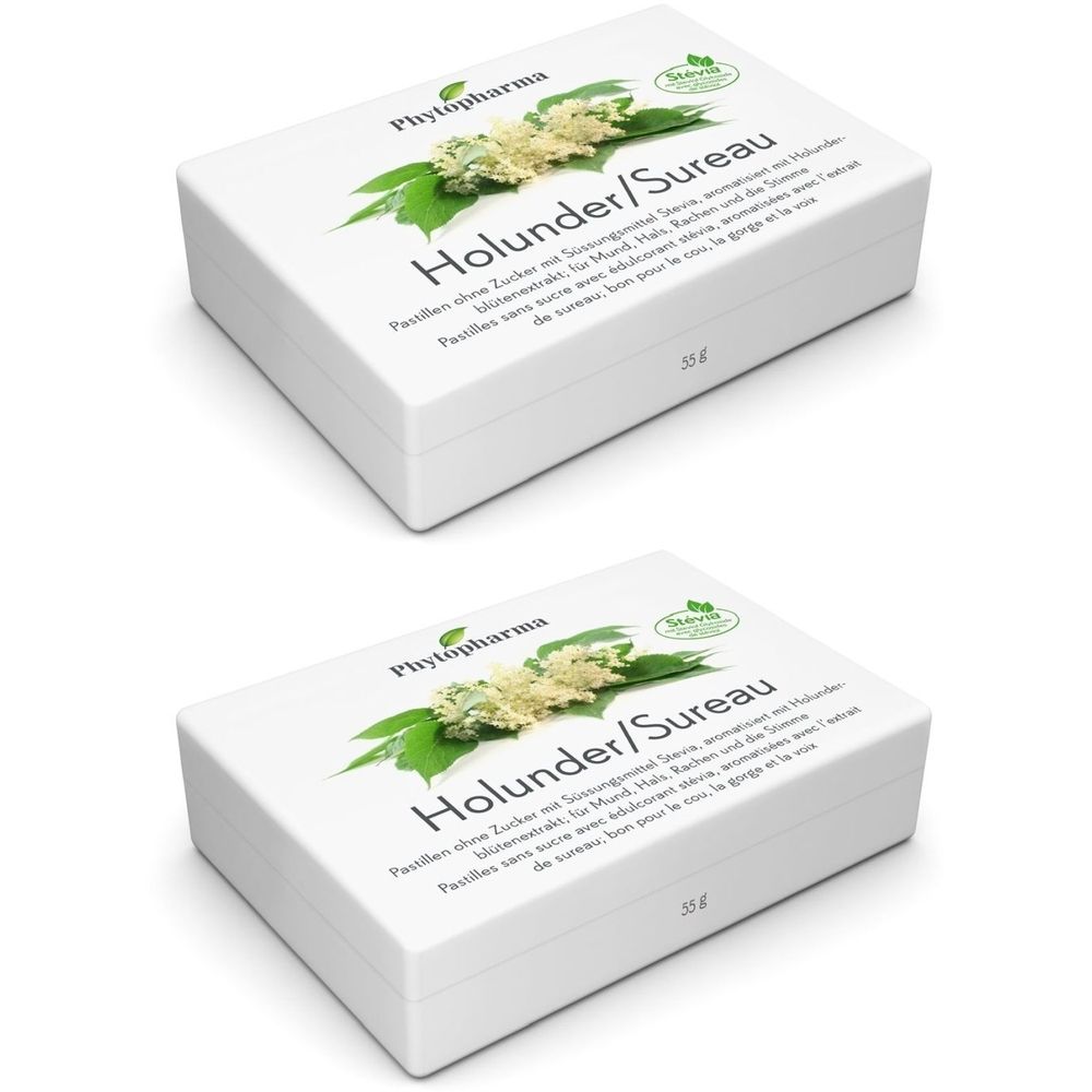 Zwei weiße Schachteln mit Aufschrift Holunder/Sureau. Logo von Phytopharma und Stevia-Siegel. 33g. Pastillen ohne Zucker.