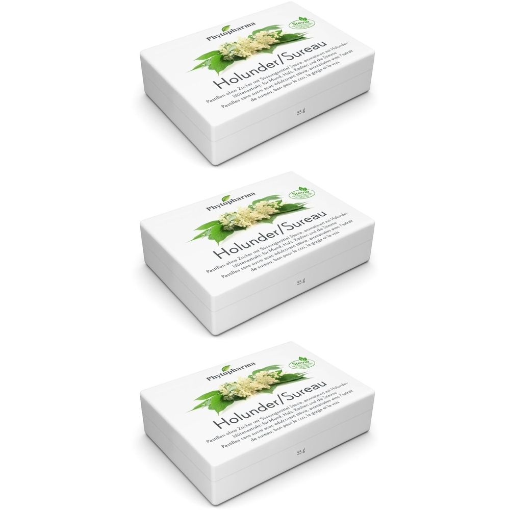 Trois boîtes blanches avec impression. Sur chaque boîte : logo, Holunder/Sureau, feuilles vertes et fleurs.