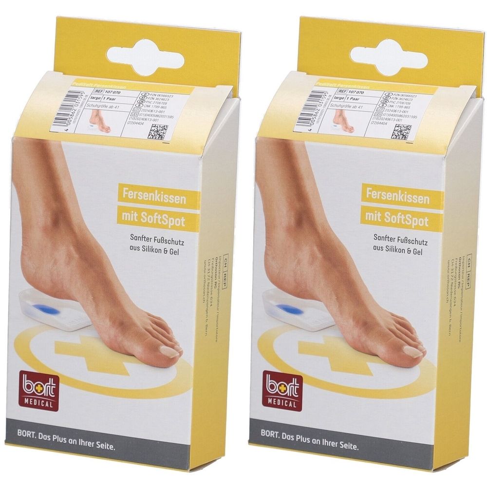 Deux boîtes de produit. Chaque boîte montre un pied sur un coussinet de talon. Inscription : Fersenkissen mit SoftSpot. Marque : bort MEDICAL.