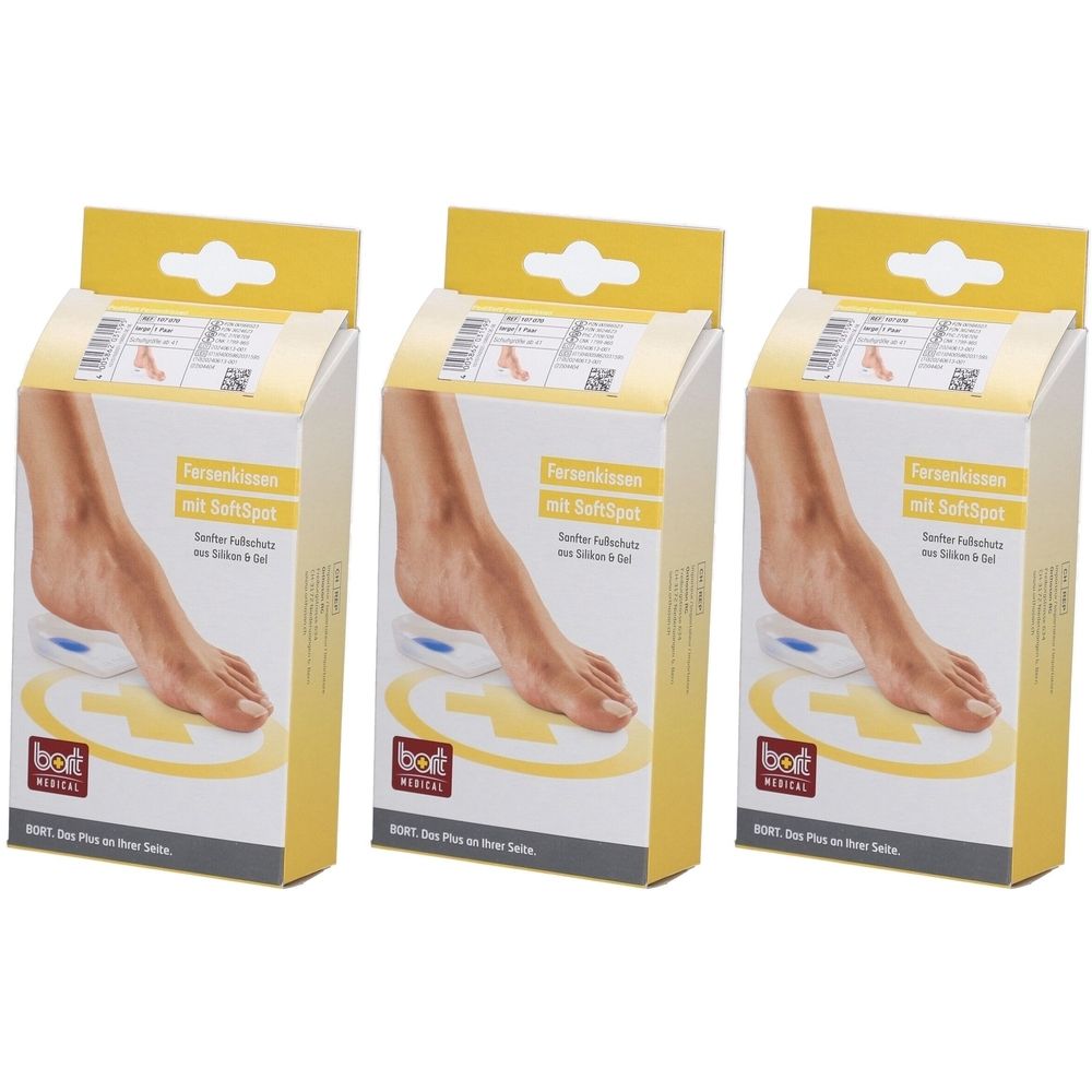 Trois boîtes de produit. Chaque boîte montre un pied sur un coussin bleu. Texte : Coussinet talon avec SoftSpot.
