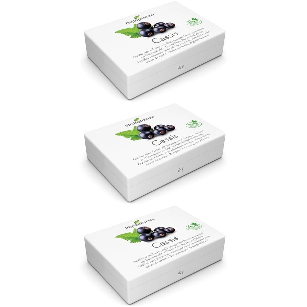 Trois boîtes blanches avec impression. Logo en haut à gauche, logo avec feuilles à droite. Inscription : Cassis. Texte en dessous.