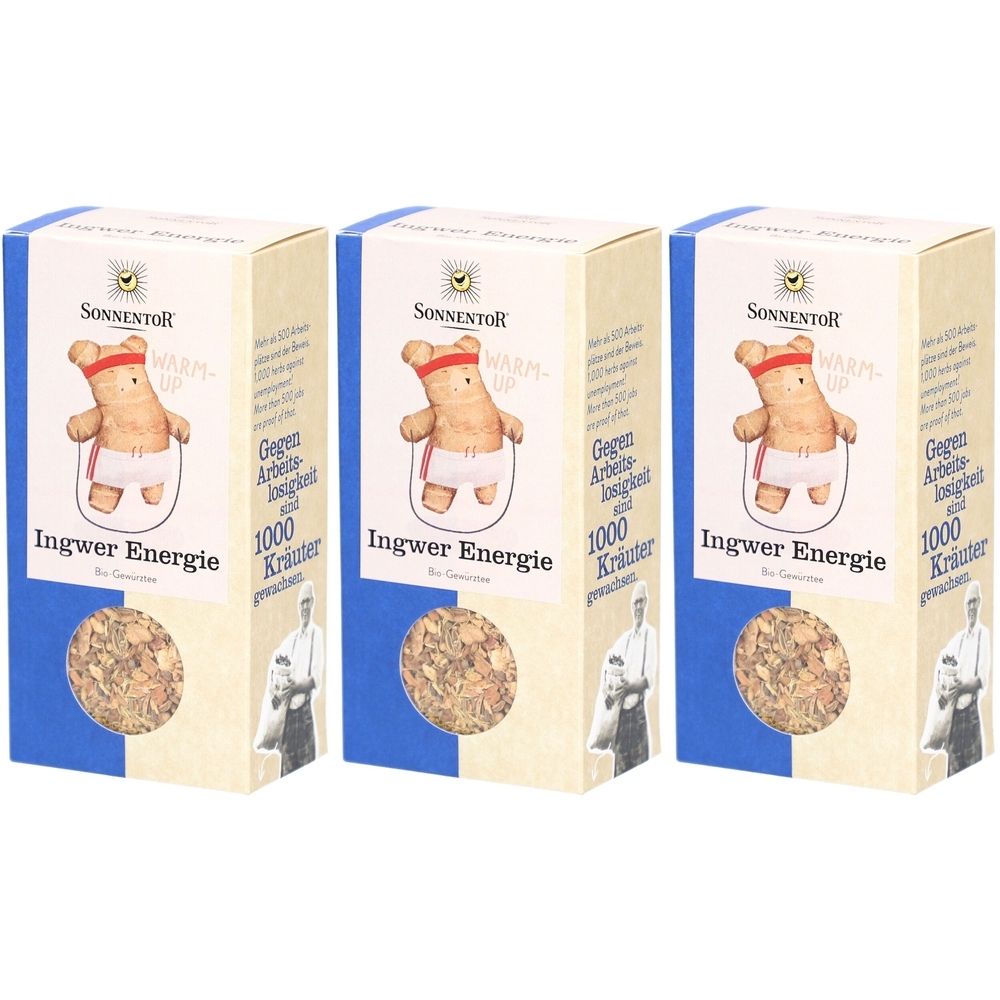 Trois boîtes de thé SONNENTOR Ingwer Energie. Illustration : ours avec bandeau, sautant à la corde. Texte : Contre la fatigue avec 1000 herbes.