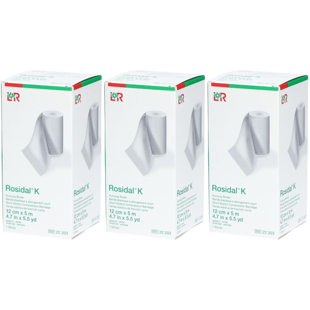 Trois boîtes de Rosidal® K. Inscription : 12 cm x 5 m. Bandage roulé, blanc. Logo : ER. Bande verte et rouge.