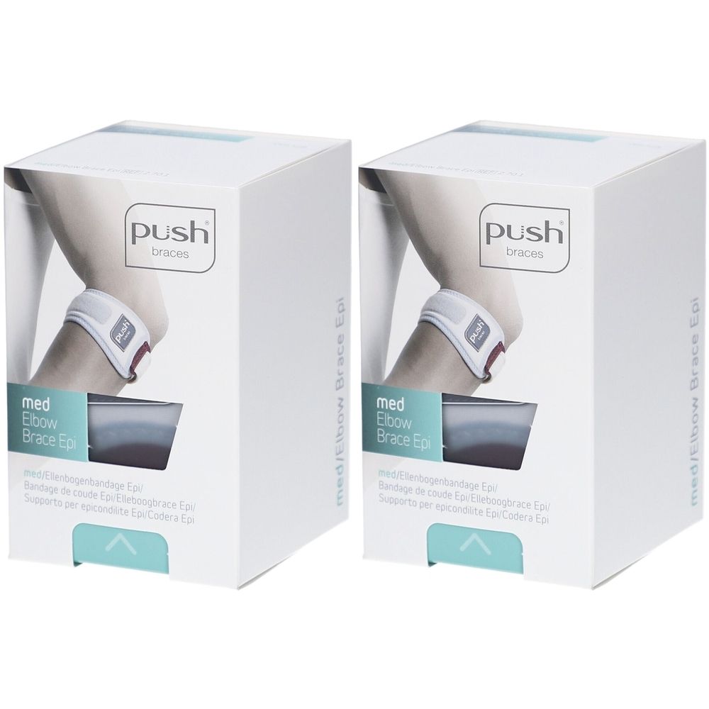 Zwei weiße Kartons mit Push Ellenbogenbandage Epi. Aufdruck: Push Braces, med Elbow Brace Epi. Abbildung eines Arms mit Bandage.