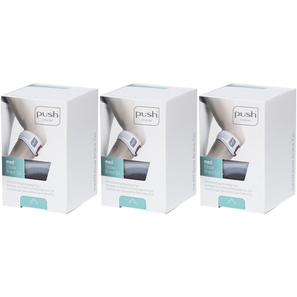 Drei weiße Produktverpackungen. Auf jeder Verpackung ist eine Ellenbogenbandage abgebildet. Der Markenname Push ist sichtbar.