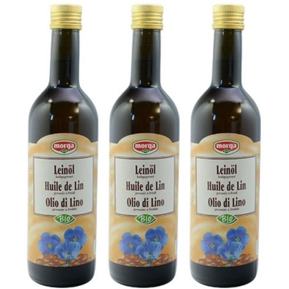 Trois bouteilles d'huile de lin avec bouchons dorés. Étiquettes avec noms de produits en allemand, français et italien. Label bio.