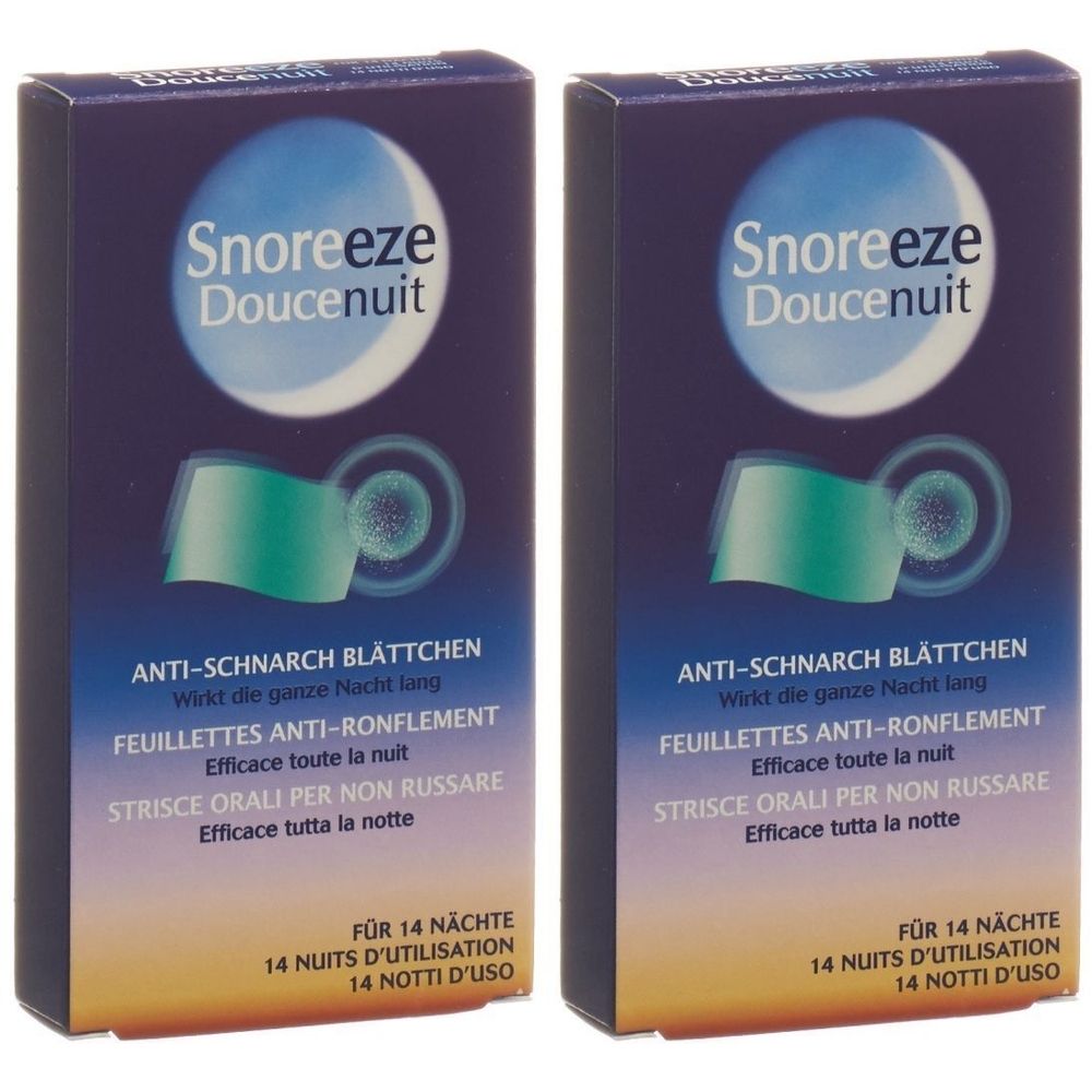 Deux boîtes de Snoreeze Doucenuit. Emballage bleu avec lune et informations sur le produit. Anti-ronflement.