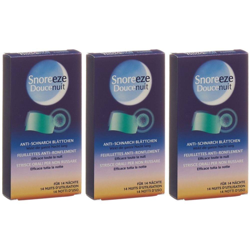 Trois boîtes Snoreeze Doucenuit. Design bleu avec lune blanche et feuilles vertes. Texte en allemand, français, italien. Indiqué pour 14 nuits.