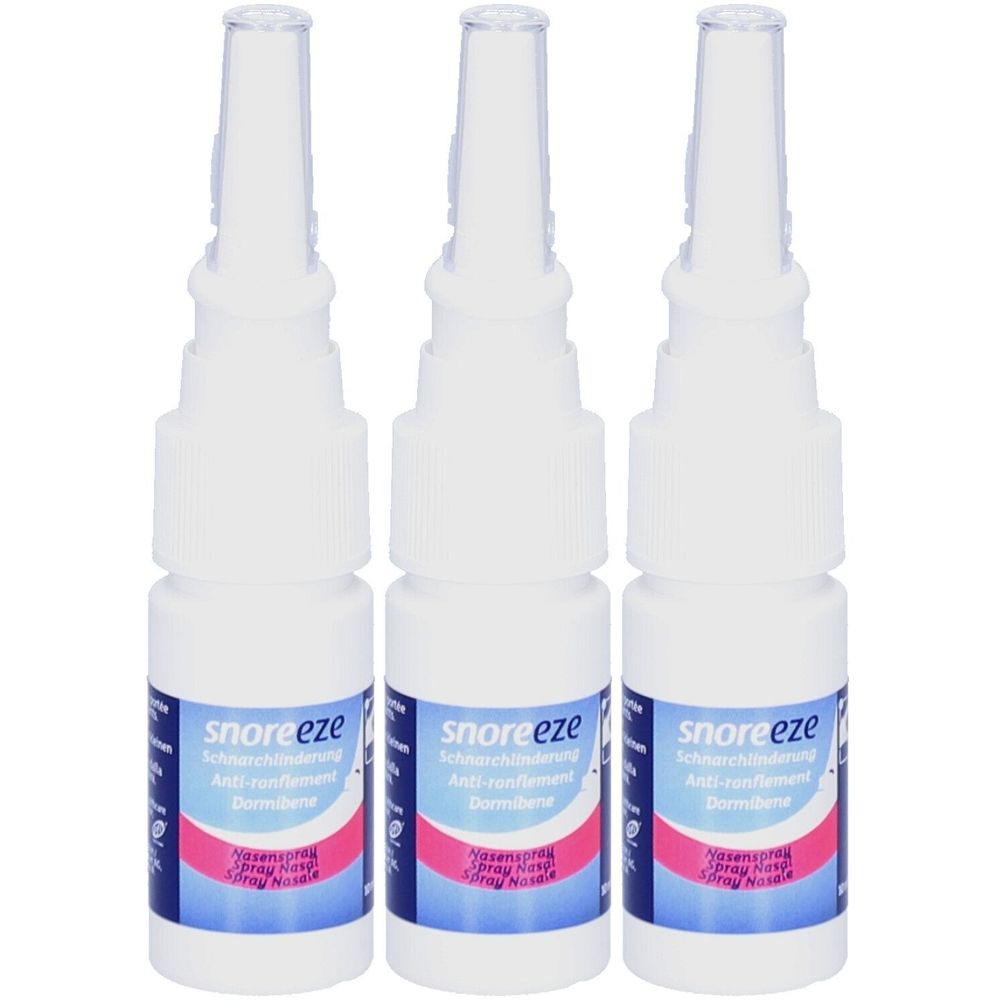 Trois flacons de spray nasal blancs avec applicateur. L'étiquette indique "Snoreeze" et d'autres informations sur le produit.