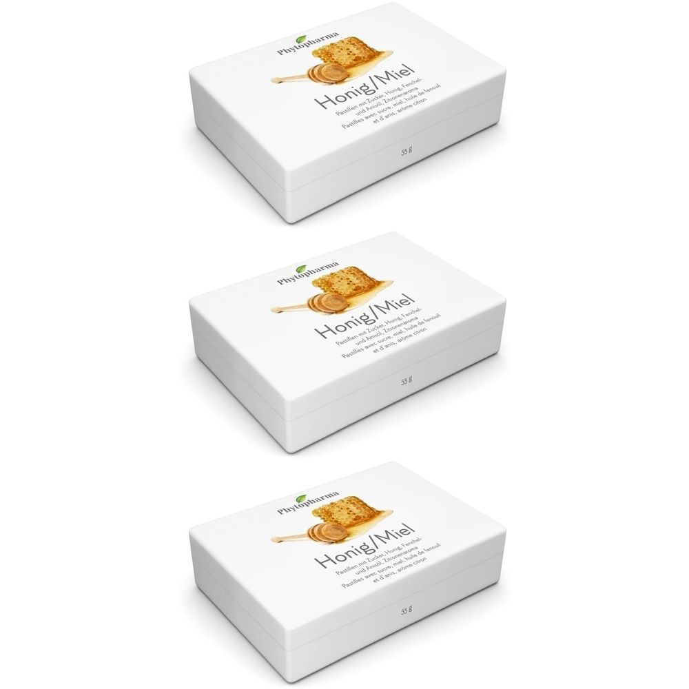 Trois boîtes blanches. Sur chaque boîte, le logo Phytopharma et l'inscription Honig/Miel sont affichés.