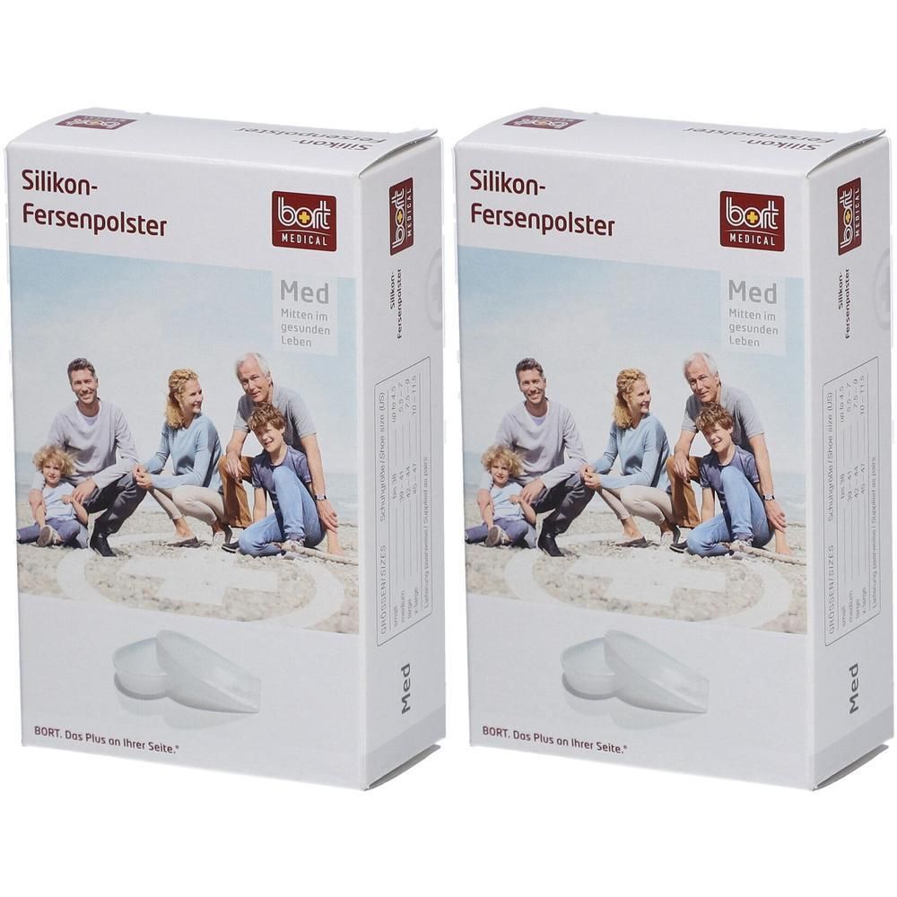 Deux paquets de talonnettes en silicone Bort avec l'image d'une famille sur la plage.