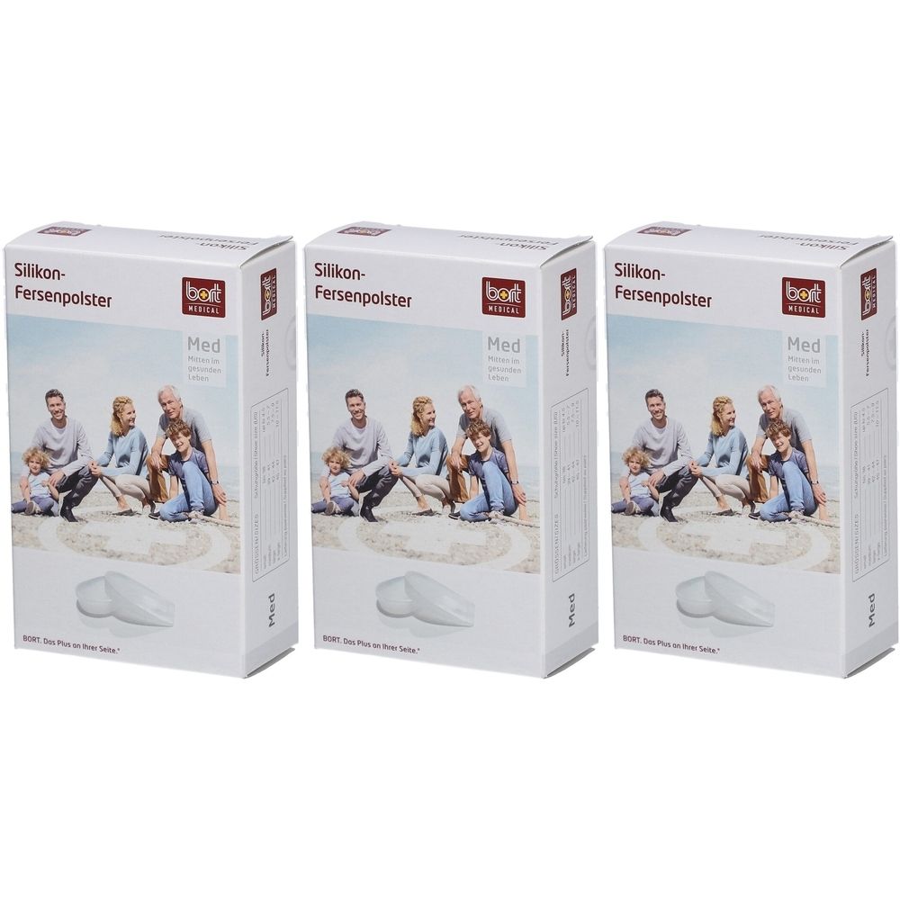 Trois boîtes de produit. Inscription : Silikon-Fersenpolster, Med. Marque : bort medical. Illustration : famille sur la plage, coussinets de talon.