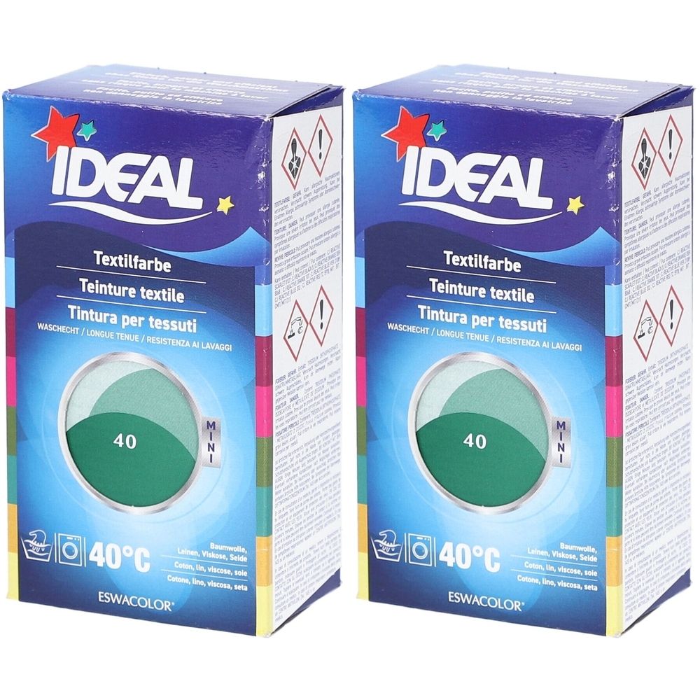 Deux boîtes de teinture textile IDEAL. Texte: Teinture textile, 40°C. Cercle de couleur vert. Emballage MINI. Pictogrammes.