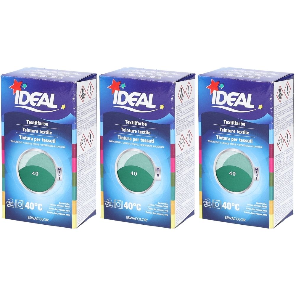 Trois boîtes de teinture textile. Inscription : IDEAL, Textilfarbe, 40, 40°C. Cercle de couleur vert. Emballage bleu et vert.